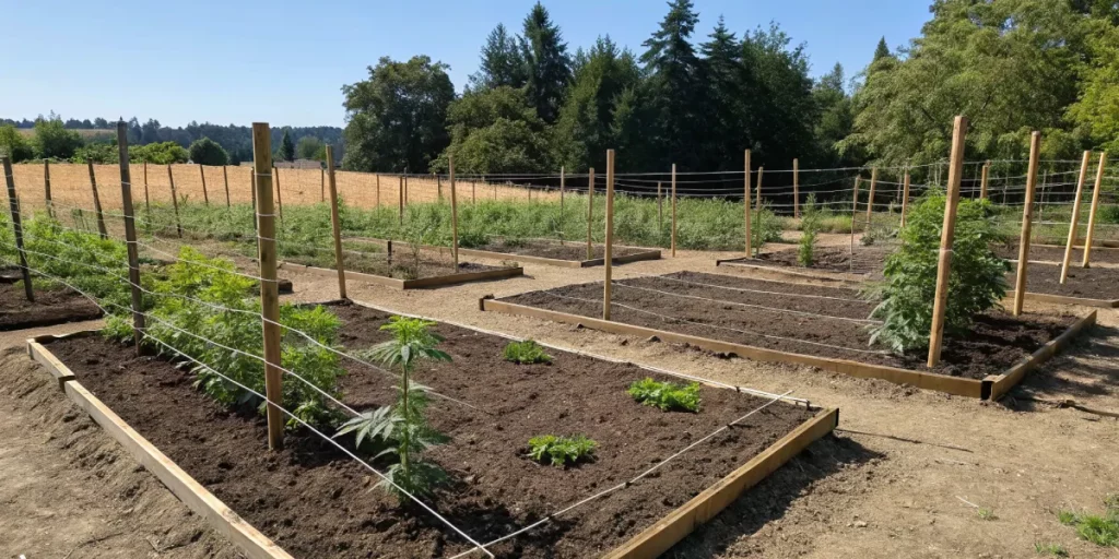 Garden layout showing sunlight and shade zones for planning how to grow cannabis from seed outdoors.