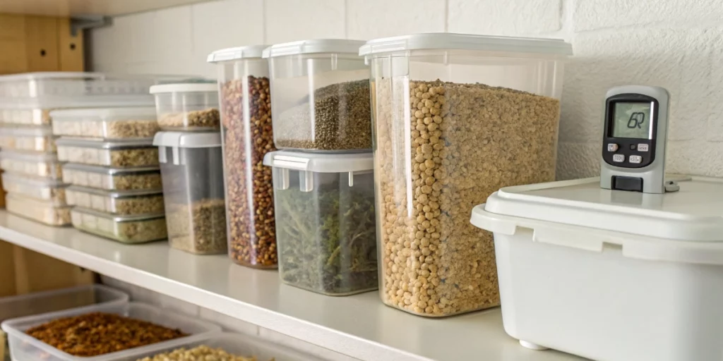 Home seed bank setup with airtight containers, desiccant packs, and hygrometer demonstrating best way to store cannabis seeds long term.