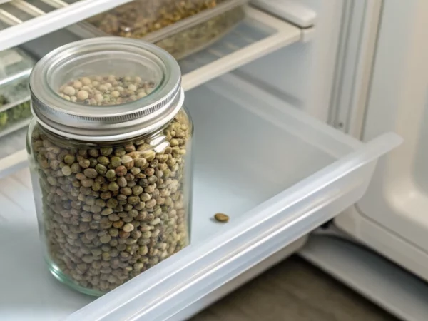 Glass jar with cannabis seeds and humidity pack in a fridge illustrating best way to store cannabis seeds long term.