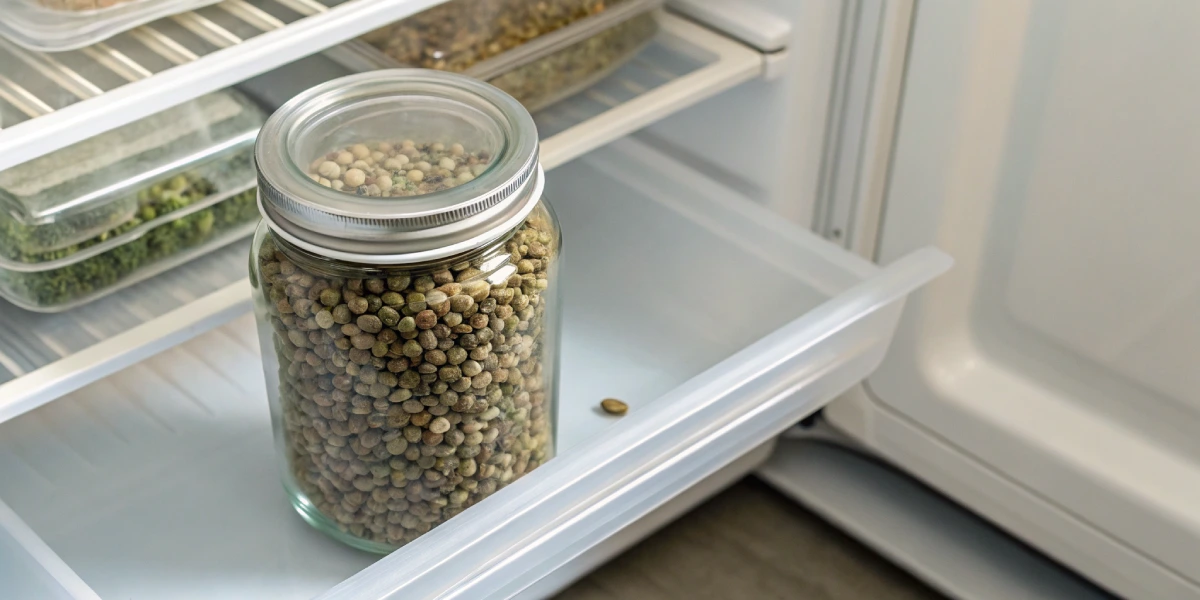 Glass jar with cannabis seeds and humidity pack in a fridge illustrating best way to store cannabis seeds long term.