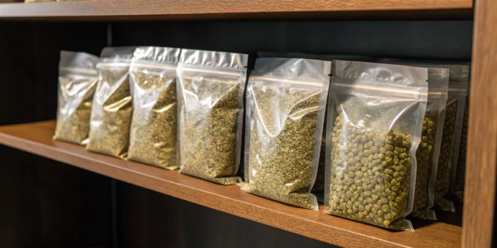 Vacuum-sealed pouches of cannabis seeds on a shelf in a dark closet highlighting best way to store cannabis seeds long term.