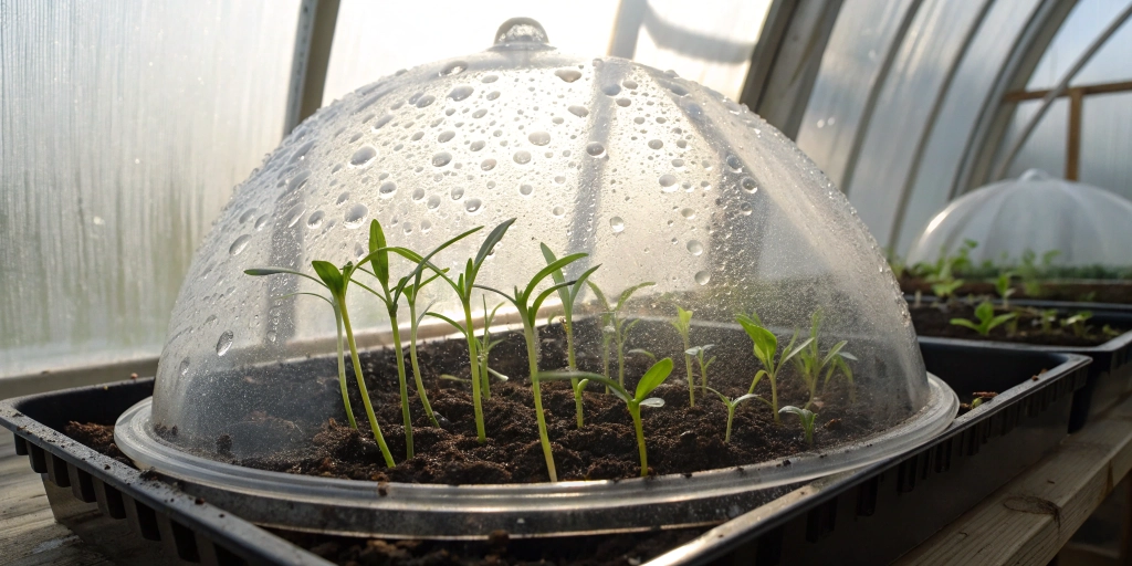 A humidity dome covering a seedling tray with visible condensation and strong green sprouts inside — realistic planting cannabis seeds.