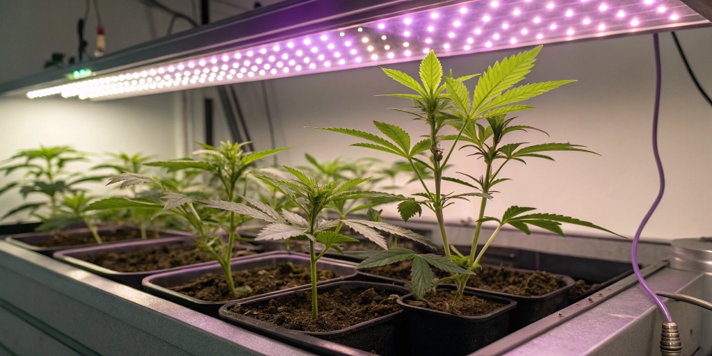 Young cannabis sprouts under LED grow lights in a home grow setup showcasing even growth — realistic planting cannabis seeds.