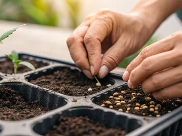 A close-up shot of hands gently planting cannabis seeds into a seedling tray — realistic planting cannabis seeds.