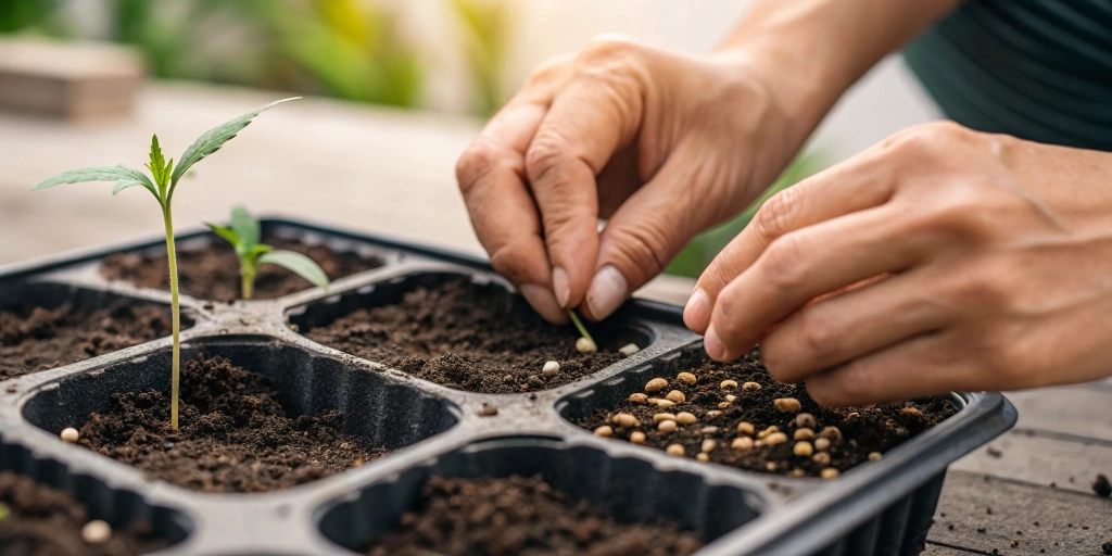 A close-up shot of hands gently planting cannabis seeds into a seedling tray — realistic planting cannabis seeds.