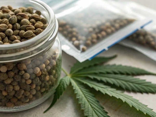Jar of cannabis seeds with desiccant illustrating do cannabis seeds go bad.