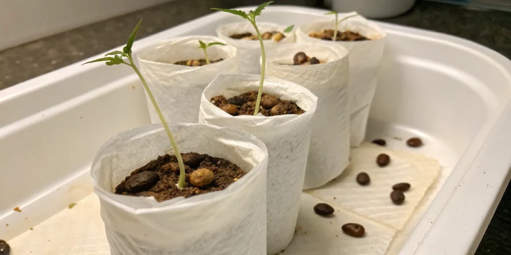 Paper-towel test showing taproots sprouting to combat do cannabis seeds go bad.