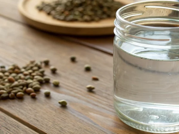 Glass jar showing how long to soak cannabis seeds before planting.