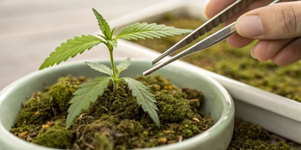 Cannabis sprout illustrating how long to soak cannabis seeds for optimal germination.