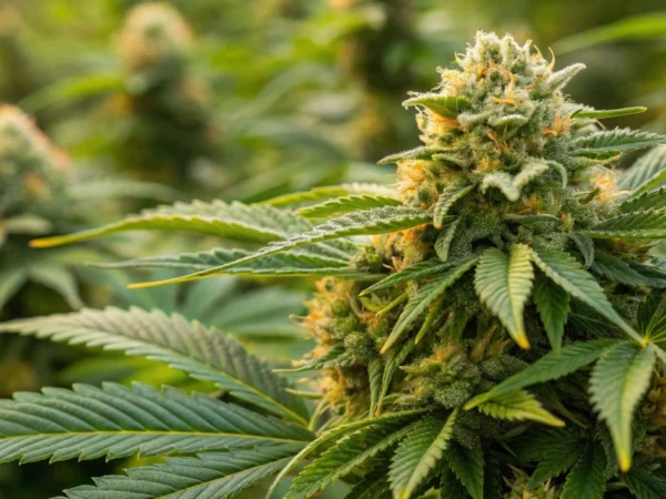 A detailed close-up of Special Queen Auto strain buds with dense resin and citrus-colored accents, highlighting vibrant green leaves and sparkling trichomes.