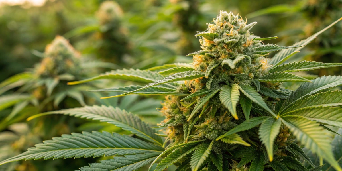 A detailed close-up of Special Queen Auto strain buds with dense resin and citrus-colored accents, highlighting vibrant green leaves and sparkling trichomes.