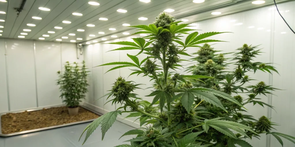 A realistic indoor grow scene featuring a Special Queen Auto plant with robust foliage and emerging buds under even, modern lighting in a clean environment.