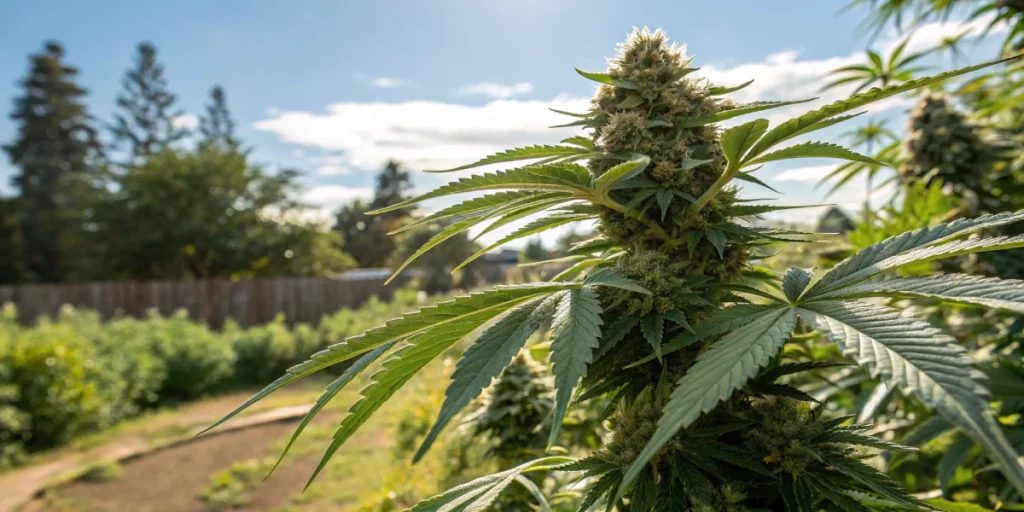A realistic outdoor image of a fully bloomed Special Queen Auto strain cannabis plant in a natural garden setting, showcasing its compact structure and vivid, aromatic buds under bright sunlight.