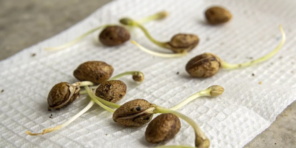 Macro view of sprouted cannabis seeds on a paper towel detailing how long does a cannabis seed take to sprout.