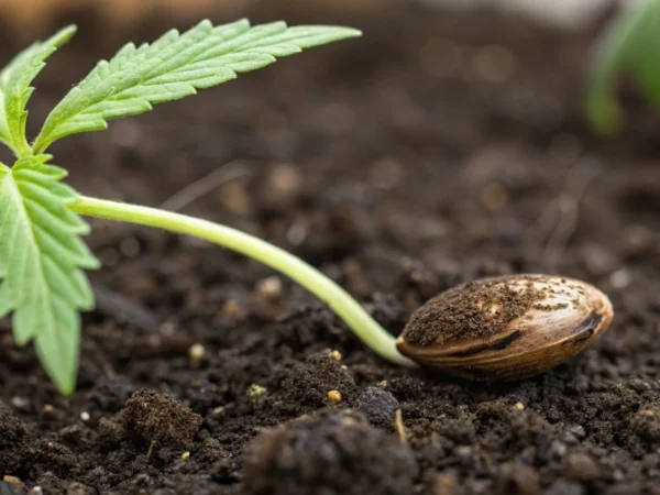 Close-up of a cannabis seed’s taproot emerging from soil illustrating how long does a cannabis seed take to sprout.