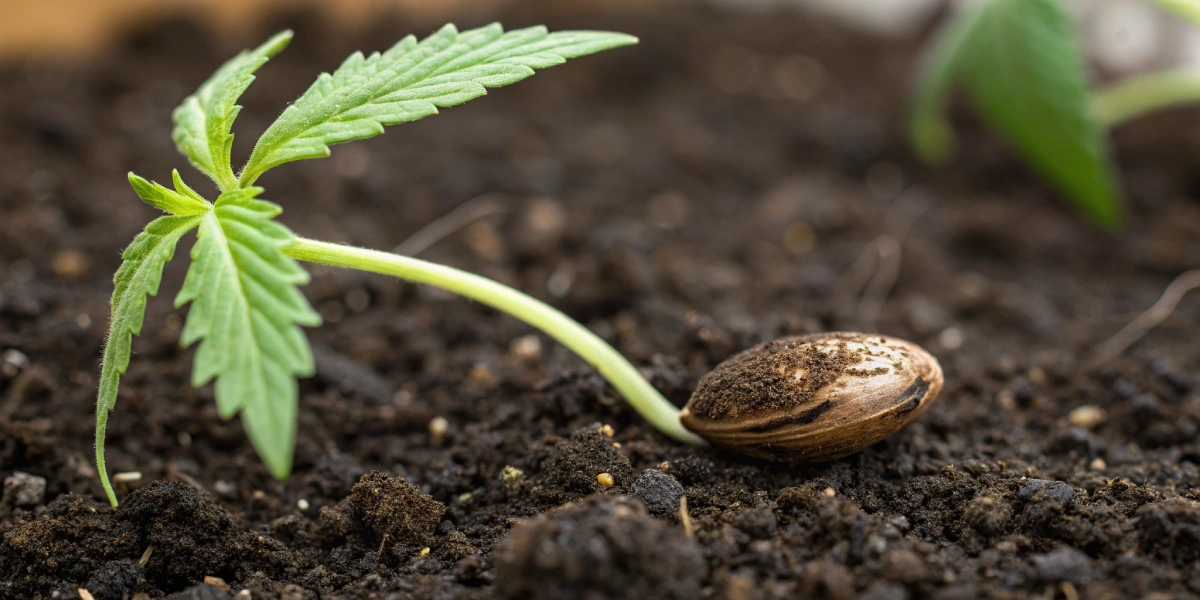 Close-up of a cannabis seed’s taproot emerging from soil illustrating how long does a cannabis seed take to sprout.