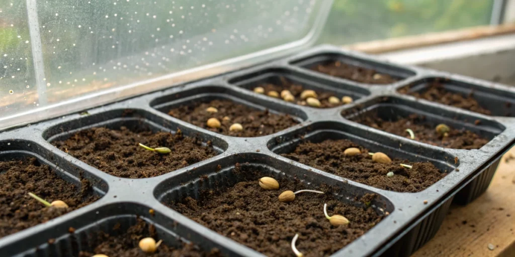 Germination tray under a dome showing seeds cracking open, highlighting how long does a cannabis seed take to sprout.