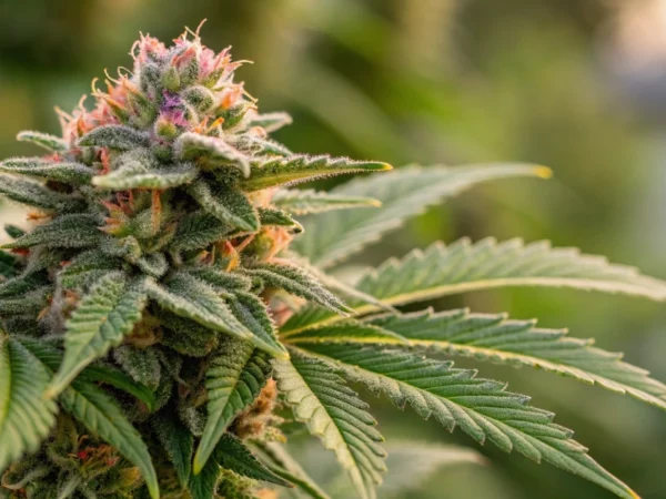A close-up photograph of a Strawberry Cheesecake Auto Strain bud showcasing glistening trichomes and vivid green leaves with subtle purple and orange accents in natural light.