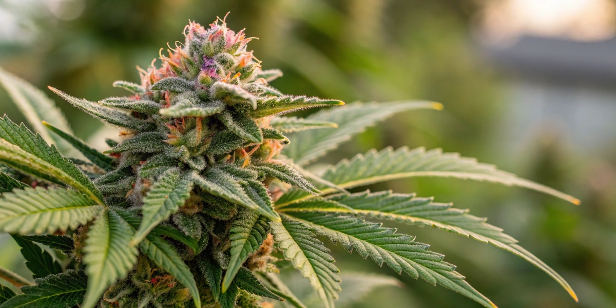 A close-up photograph of a Strawberry Cheesecake Auto Strain bud showcasing glistening trichomes and vivid green leaves with subtle purple and orange accents in natural light.