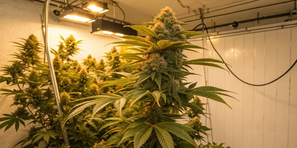 A realistic indoor grow room scene featuring a mature Strawberry Cheesecake Auto Strain plant with a full, lush canopy and dense buds illuminated by professional LED lighting, highlighting citrus and berry color tones.