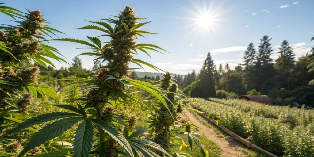 An outdoor garden scene showing healthy Strawberry Cheesecake Auto Strain plants under a clear blue sky, with sunlight filtering through the leaves and illuminating clusters of colorful, resinous buds.
