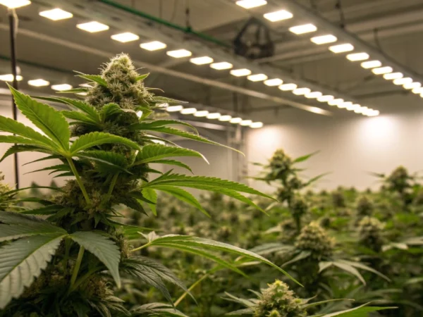Realistic image of Sweet Skunk Auto strain plants thriving under full-spectrum LED lights in a tidy indoor grow room with abundant green foliage and dense buds.