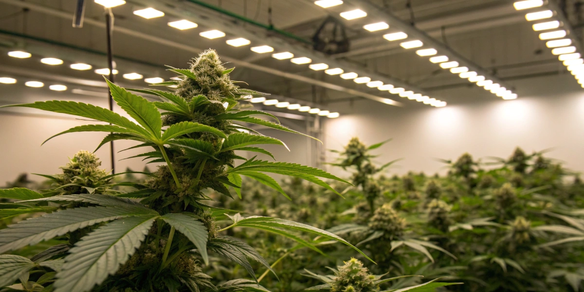 Realistic image of Sweet Skunk Auto strain plants thriving under full-spectrum LED lights in a tidy indoor grow room with abundant green foliage and dense buds.