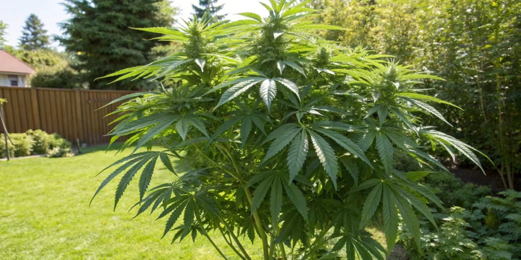 Realistic outdoor image of a mature Sweet Skunk Auto strain plant growing in a sunlit garden, showing a compact structure with lush foliage and well-formed buds bathed in natural light.