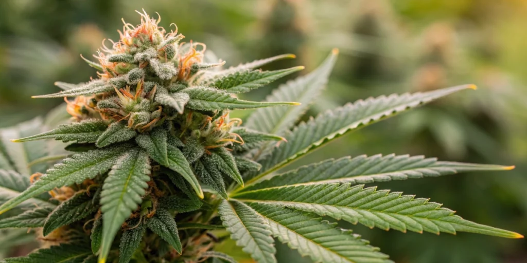 Detailed close-up of Sweet Skunk Auto strain buds with sparkling trichomes and bright green leaves, highlighting the resinous texture and vivid colors of the buds.