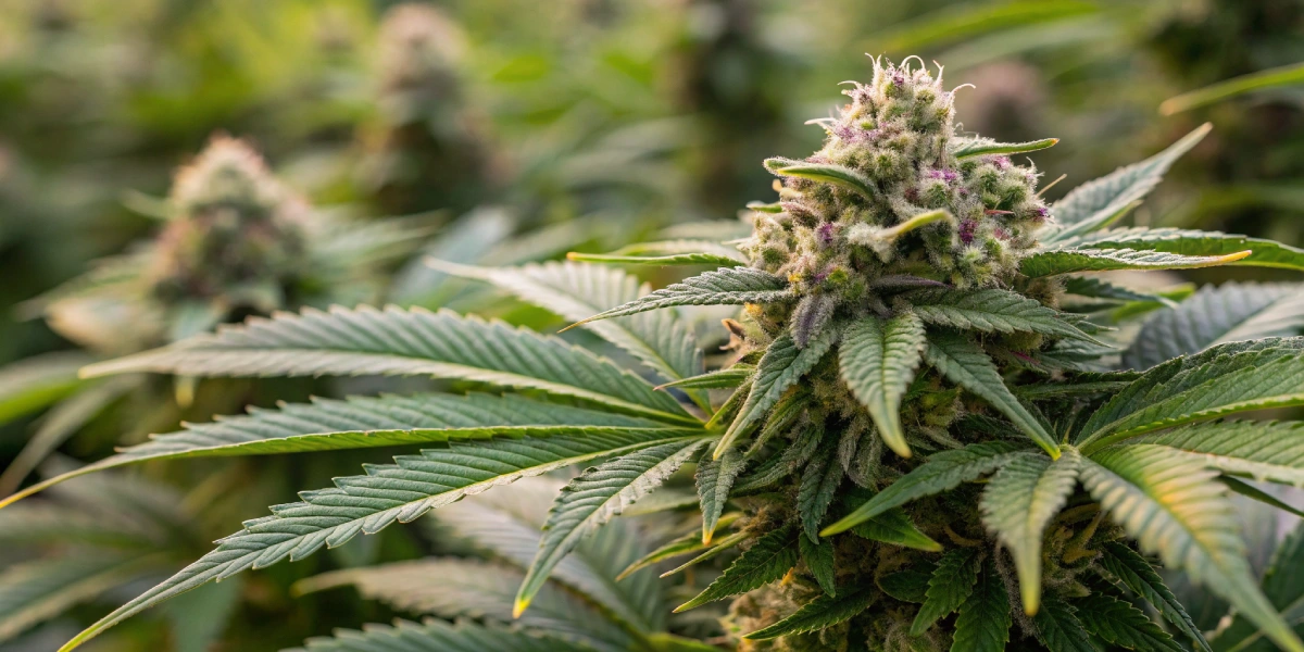 Realistic close-up of sweet ZZ auto strain buds with dense resinous trichomes and vibrant green leaves with subtle purple hints in natural light.
