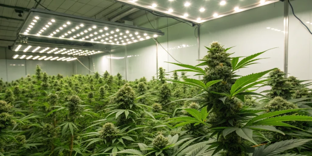 Realistic photo of an indoor grow room with sweet ZZ auto strain plants showing healthy, dense buds under full-spectrum LED lights.