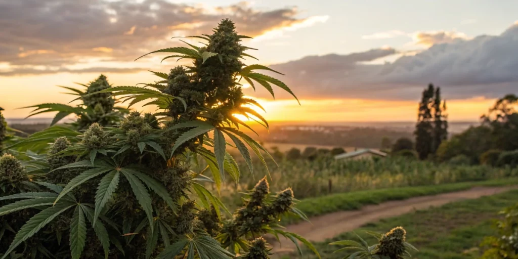 Realistic outdoor image of a mature sweet ZZ auto strain plant with lush foliage and resinous buds set against a sunset backdrop, illuminated by warm natural light.