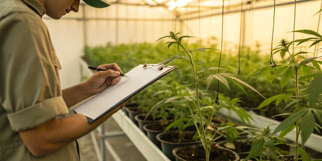 ardener noting observations when to talk cannabis seeds during early seedling stage in greenhouse.