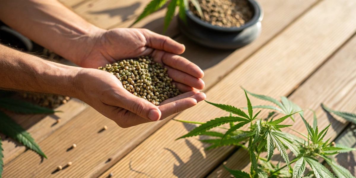 Grower examining when to talk cannabis seeds in natural light, focusing on seed quality.