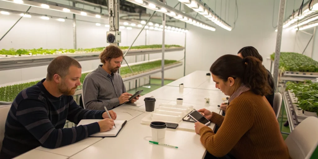 Team discussing when to talk cannabis seeds with suppliers, surrounded by seed packets and notes.