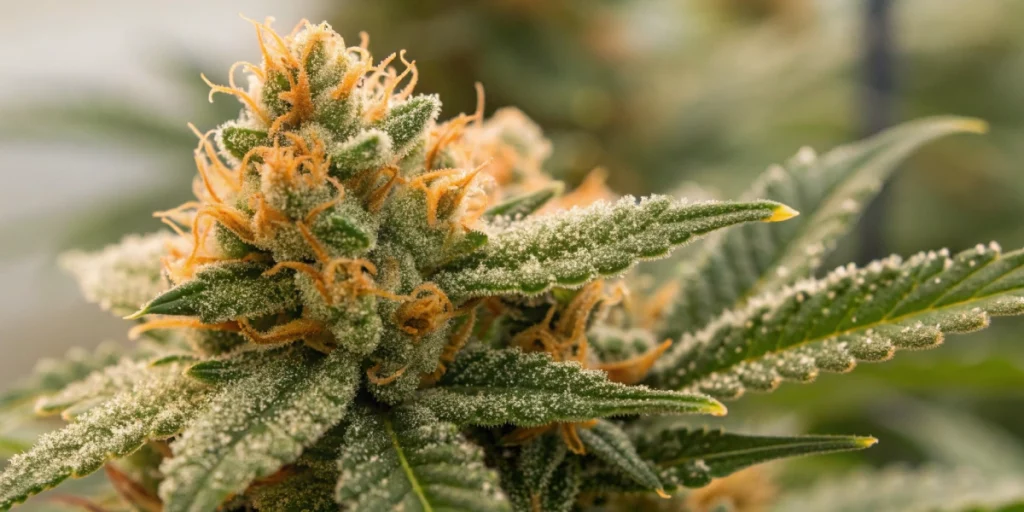 Close-up of dense Tangerine Dream Auto buds with sparkling resinous trichomes and citrus hues in a soft indoor grow room setting.