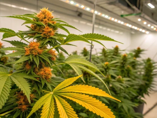 Indoor grow room showing a healthy Tangerine Dream Auto cannabis plant with vibrant green leaves and orange-tinted buds under full-spectrum LED lights.