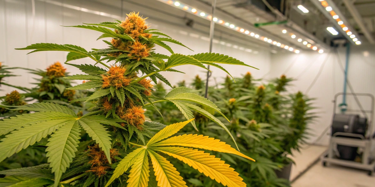 Indoor grow room showing a healthy Tangerine Dream Auto cannabis plant with vibrant green leaves and orange-tinted buds under full-spectrum LED lights.