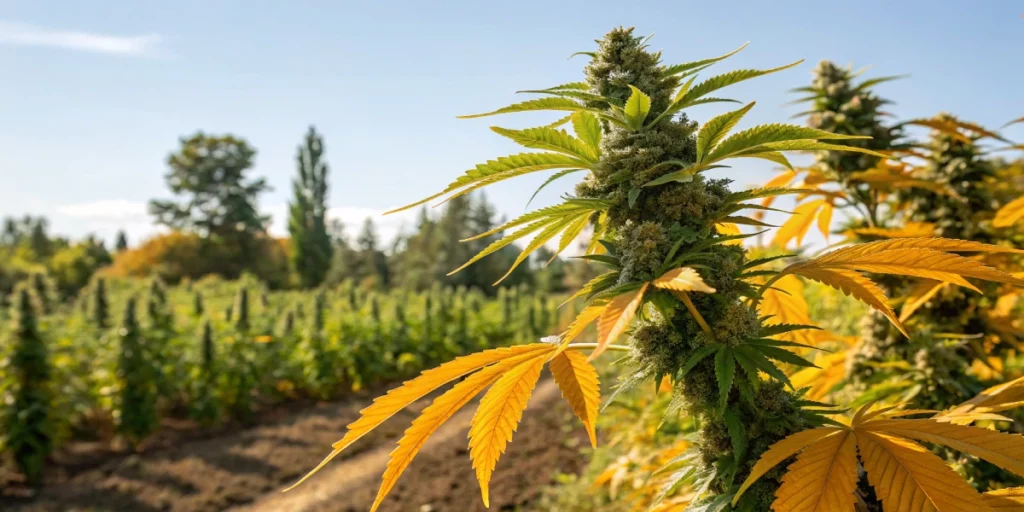 Outdoor view of a thriving Tangerine Dream Auto cannabis plant with robust, resin-coated buds and bright citrus leaves under natural sunlight in a garden.