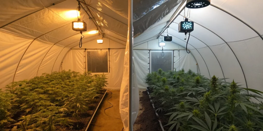 An image of a germination tent side by side, one half at day temperature and the other at night, displaying cannabis seed germination temp and humidity on digital screens