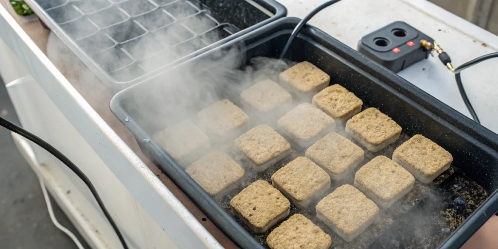 An overhead photograph of rockwool cubes in a tray with fine misting and a digital sensor showing cannabis seed germination temp and humidity