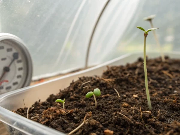 A close‐up image of cannabis seeds sprouting under a humidity dome with a thermometer and hygrometer indicating ideal cannabis seed germination temp and humidity