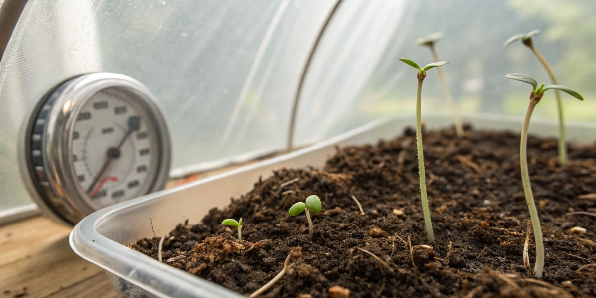 A close‐up image of cannabis seeds sprouting under a humidity dome with a thermometer and hygrometer indicating ideal cannabis seed germination temp and humidity