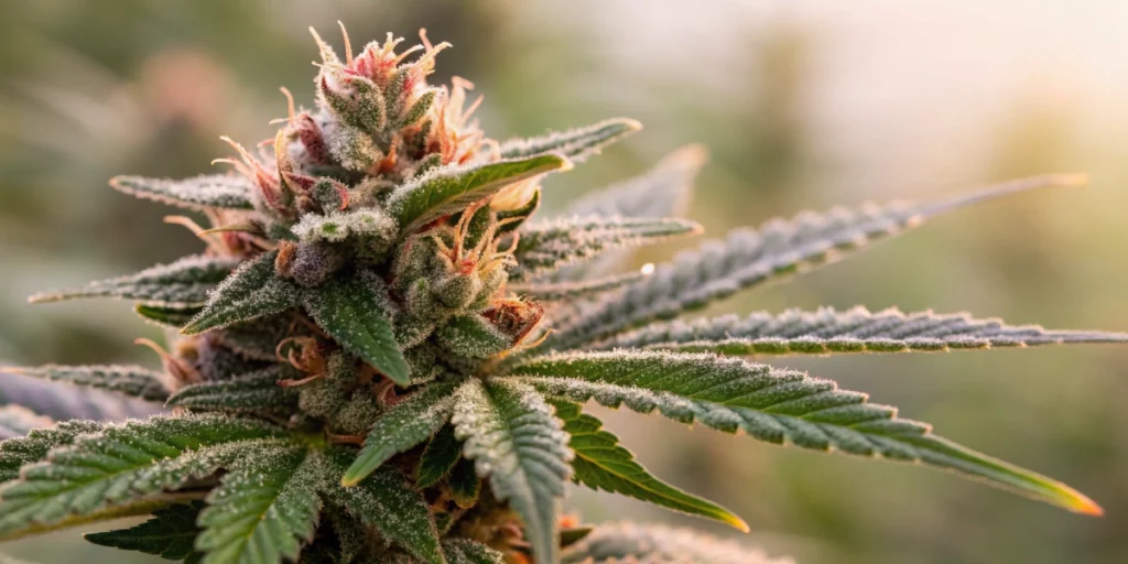 Close-up, realistic photograph of a Titan F1 Auto strain bud, showing detailed trichomes and sparkling resin against a soft background.