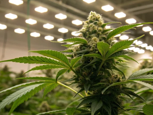 Realistic image of a Titan F1 Auto strain plant indoors under LED lights, showcasing dense, resinous buds and vibrant green leaves with dewdrops.
