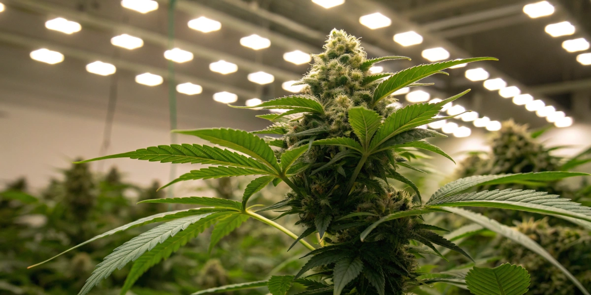 Realistic image of a Titan F1 Auto strain plant indoors under LED lights, showcasing dense, resinous buds and vibrant green leaves with dewdrops.