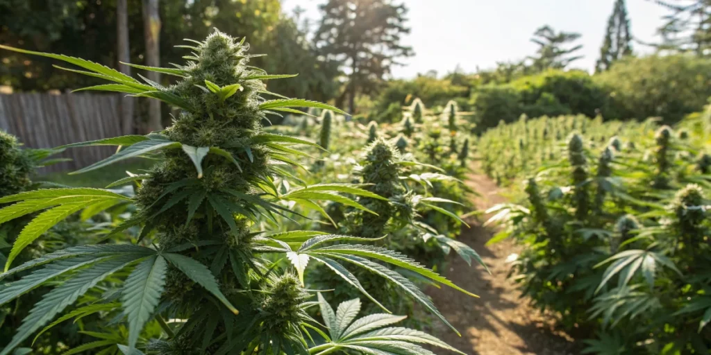 Realistic outdoor scene of Titan F1 Auto strain plants in a lush garden under natural sunlight, displaying healthy buds and robust, vibrant foliage.