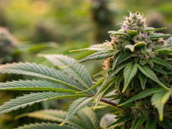 Macro close-up of Triple G Auto strain buds with dense, glistening trichomes and vibrant green leaves accented by subtle purple hues.