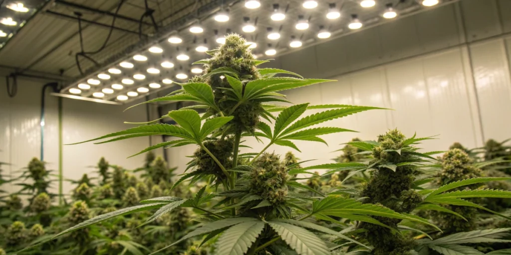 Mature Triple G Auto strain plant in an indoor grow room, showcasing a lush canopy and well-formed buds under bright LED lighting.
