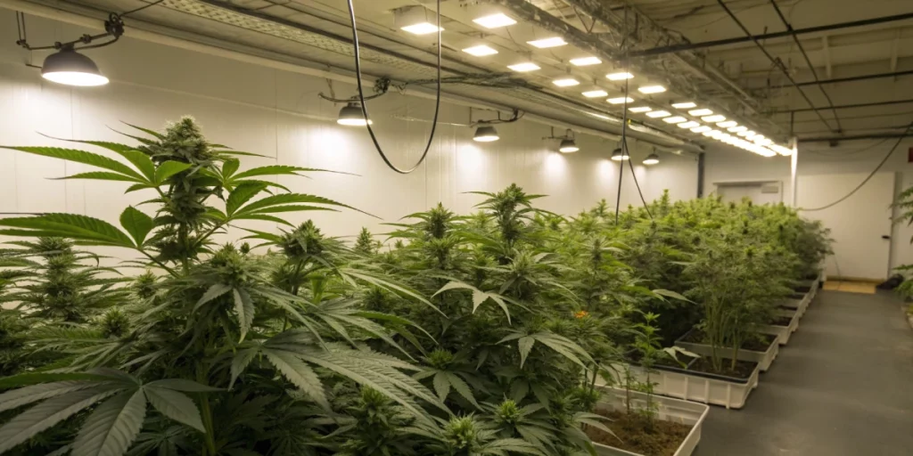 Mature triploid cannabis seeds plants under LED lights showing uniform canopy and healthy leaves.